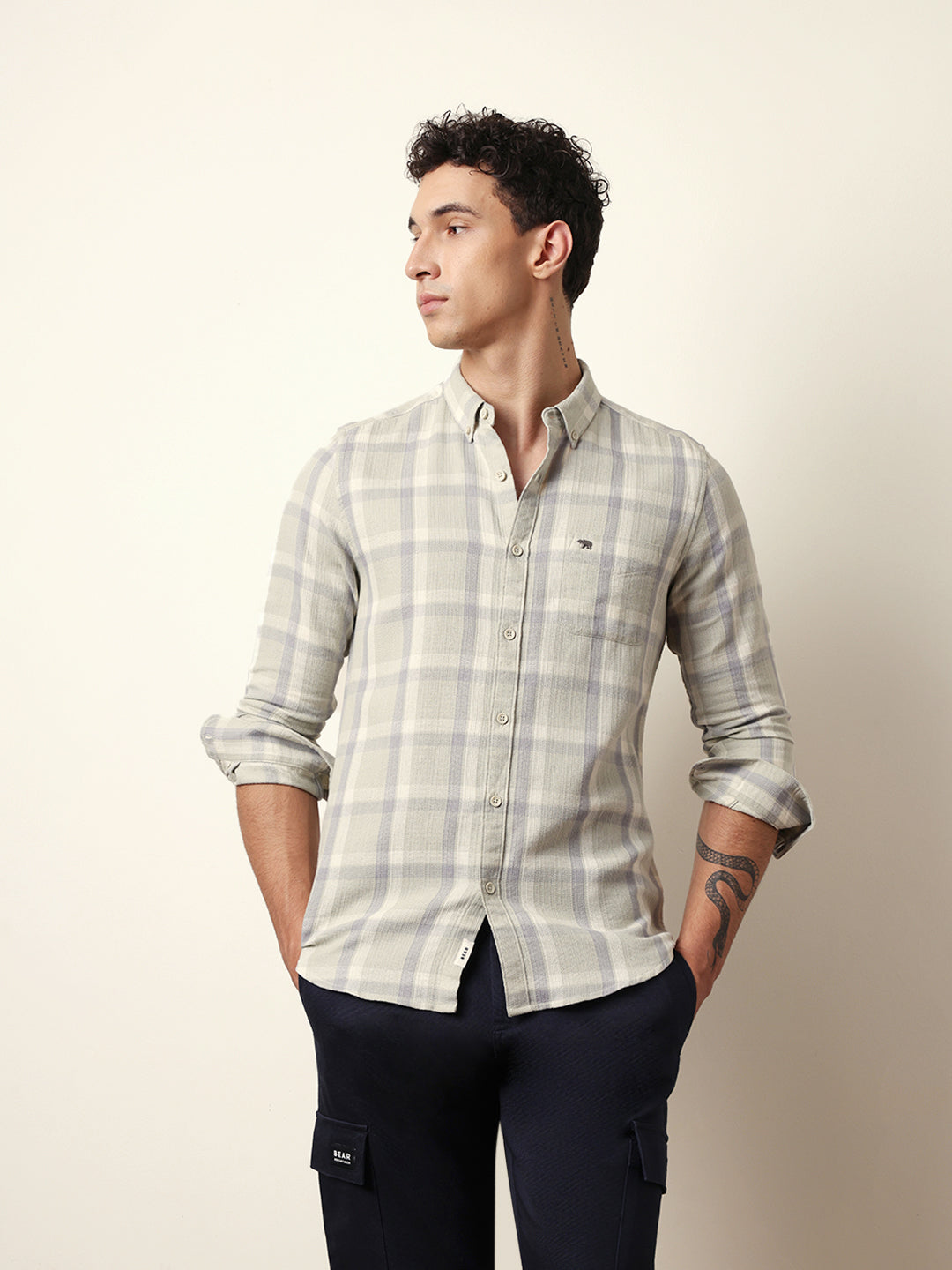 Light Green Textured Woven Check Slim Fit Casual Shirt