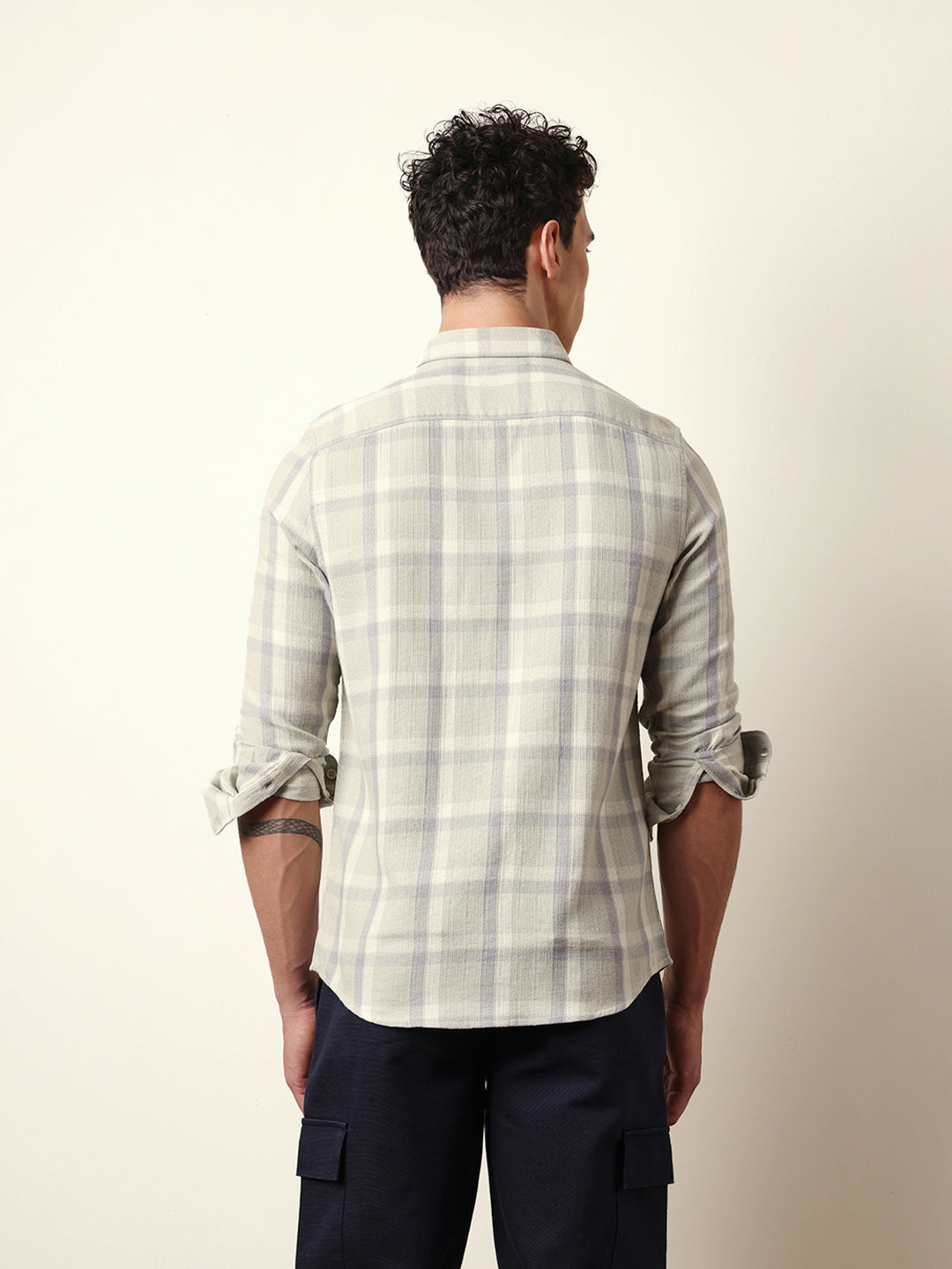 Light Green Textured Woven Check Slim Fit Casual Shirt