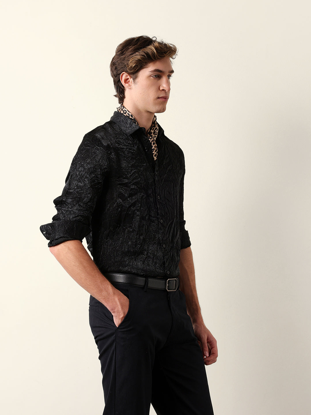 Black Regular Fit Casual Shirt with Crinkle Effect & Subtle Sheen Finish
