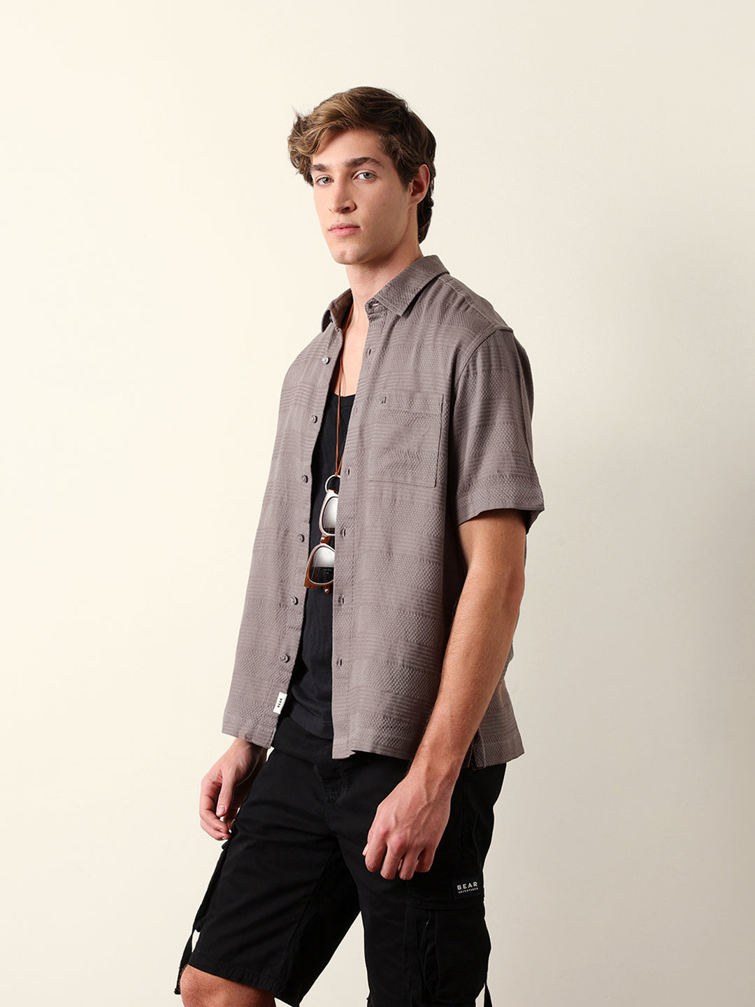Grey Relaxed Fit Casual Half Sleeve Shirt with Textured Horizontal Stripes