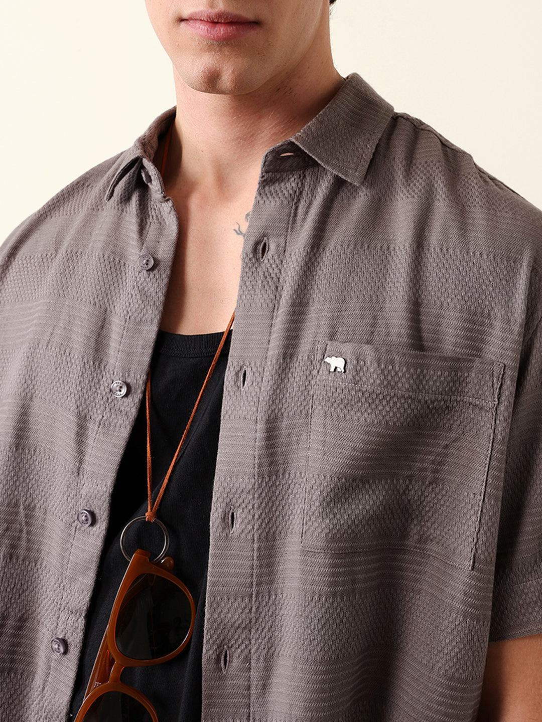 Grey Relaxed Fit Casual Half Sleeve Shirt with Textured Horizontal Stripes