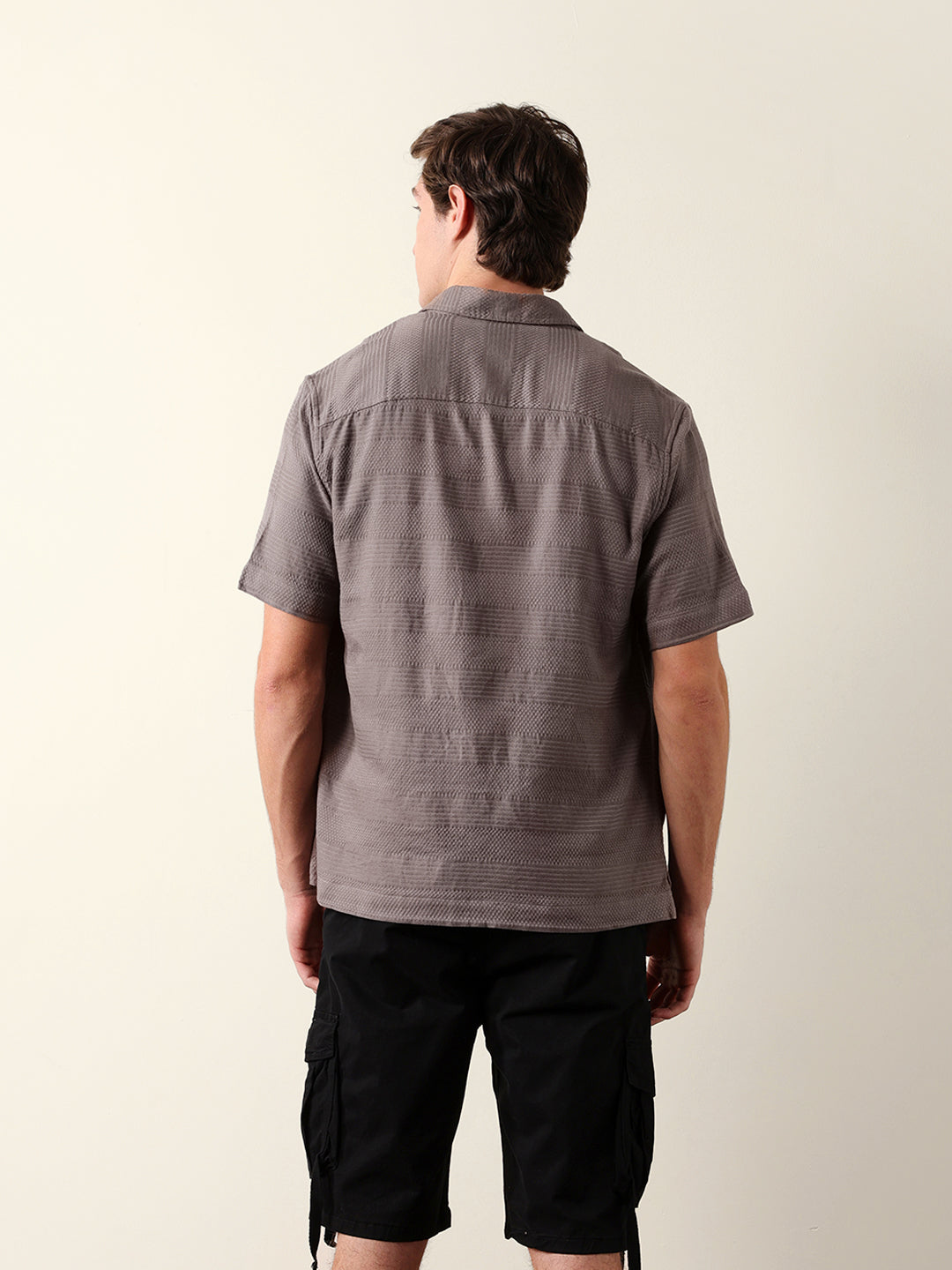 Grey Relaxed Fit Casual Half Sleeve Shirt with Textured Horizontal Stripes