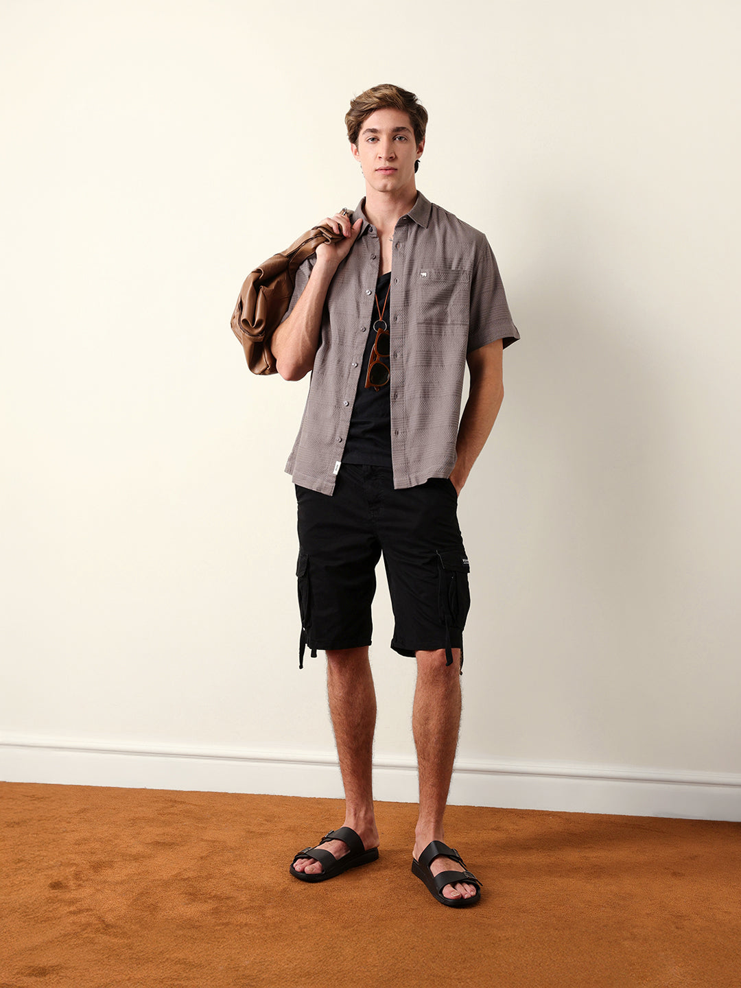 Grey Relaxed Fit Casual Half Sleeve Shirt with Textured Horizontal Stripes
