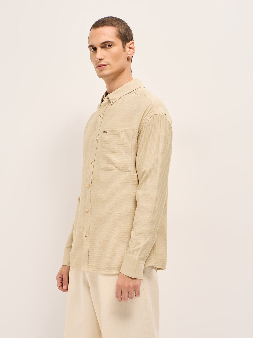 Cream Viscose Herringbone Design Relax Fit Casual shirt