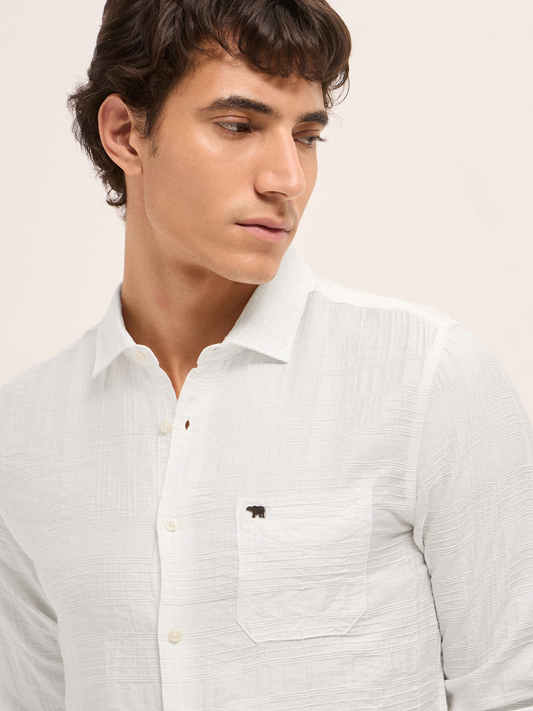 White Slim Fit Casual Shirt with Woven Textured Check Design