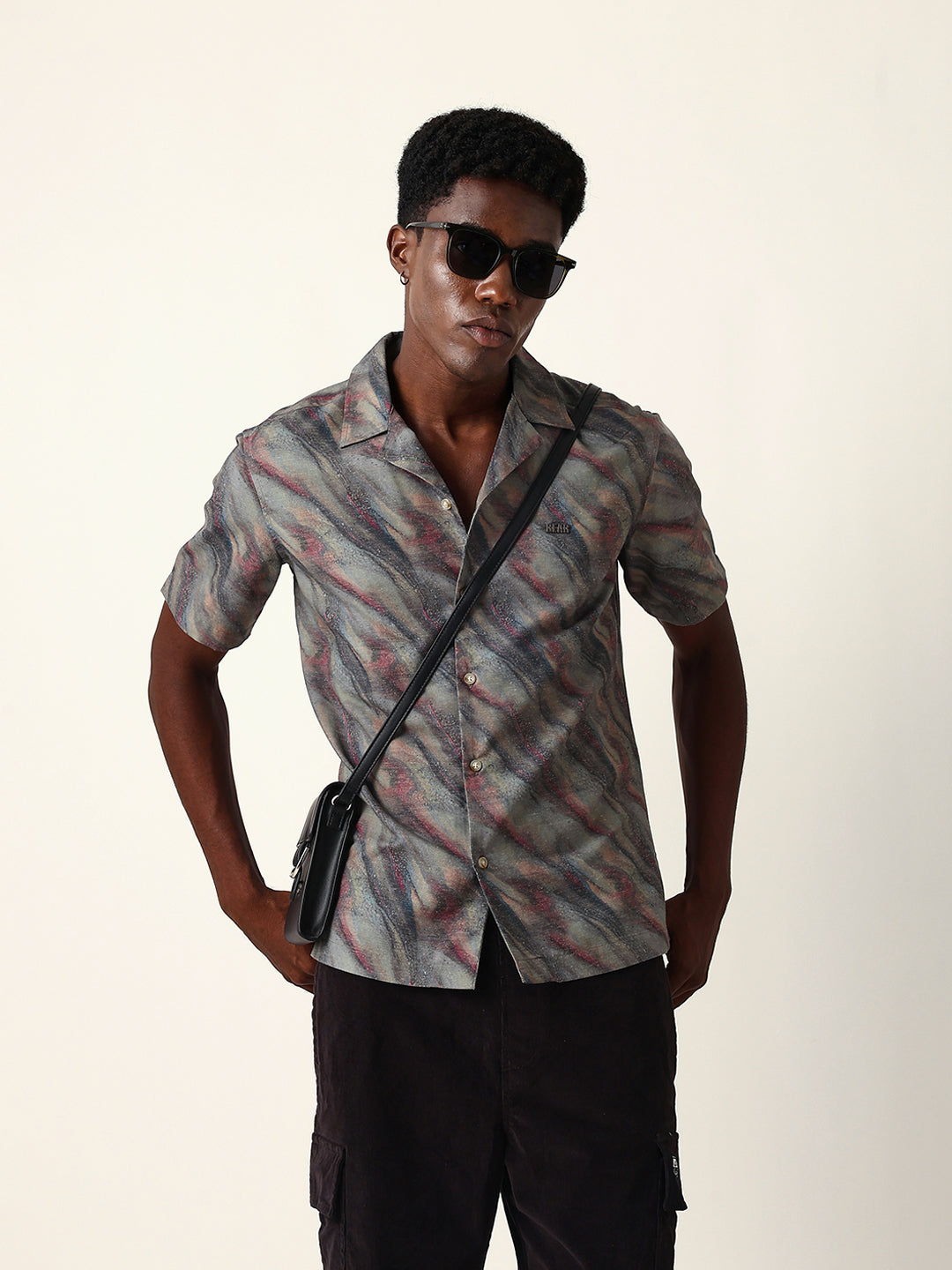 Multicolor Abstract Wavy Print Cuban Collar Relaxed Fit Casual Shirt