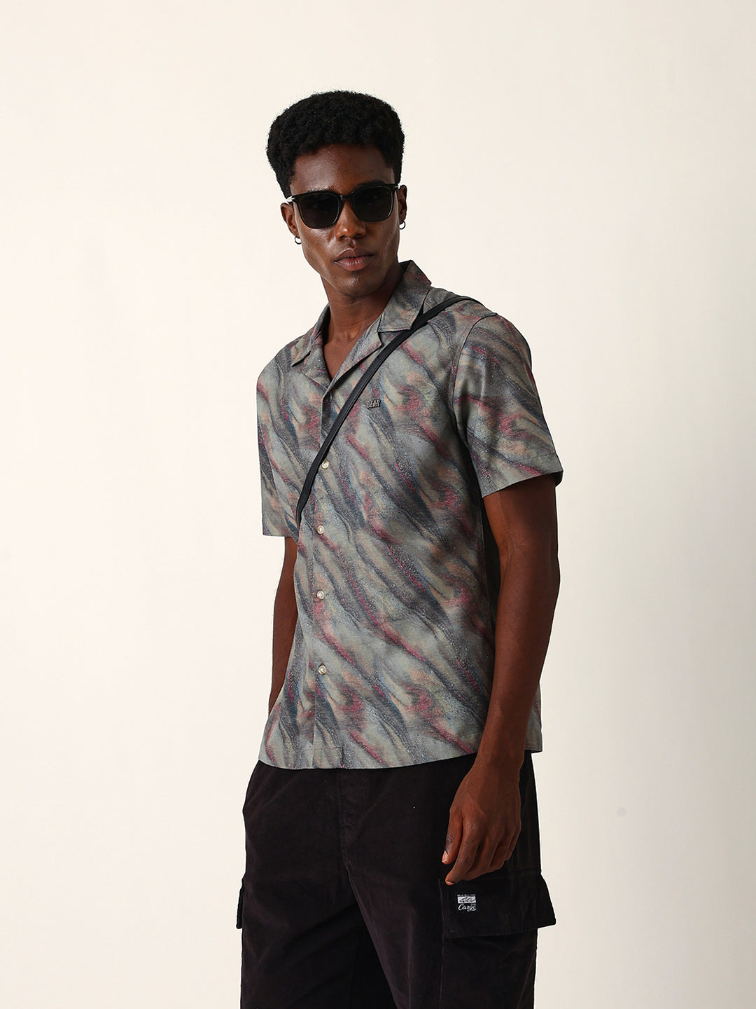 Multicolor Abstract Wavy Print Cuban Collar Relaxed Fit Casual Shirt
