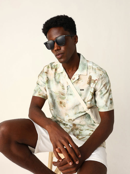 Pastel Green Watercolor Floral Printed Relaxed Fit Short Sleeve Shirt
