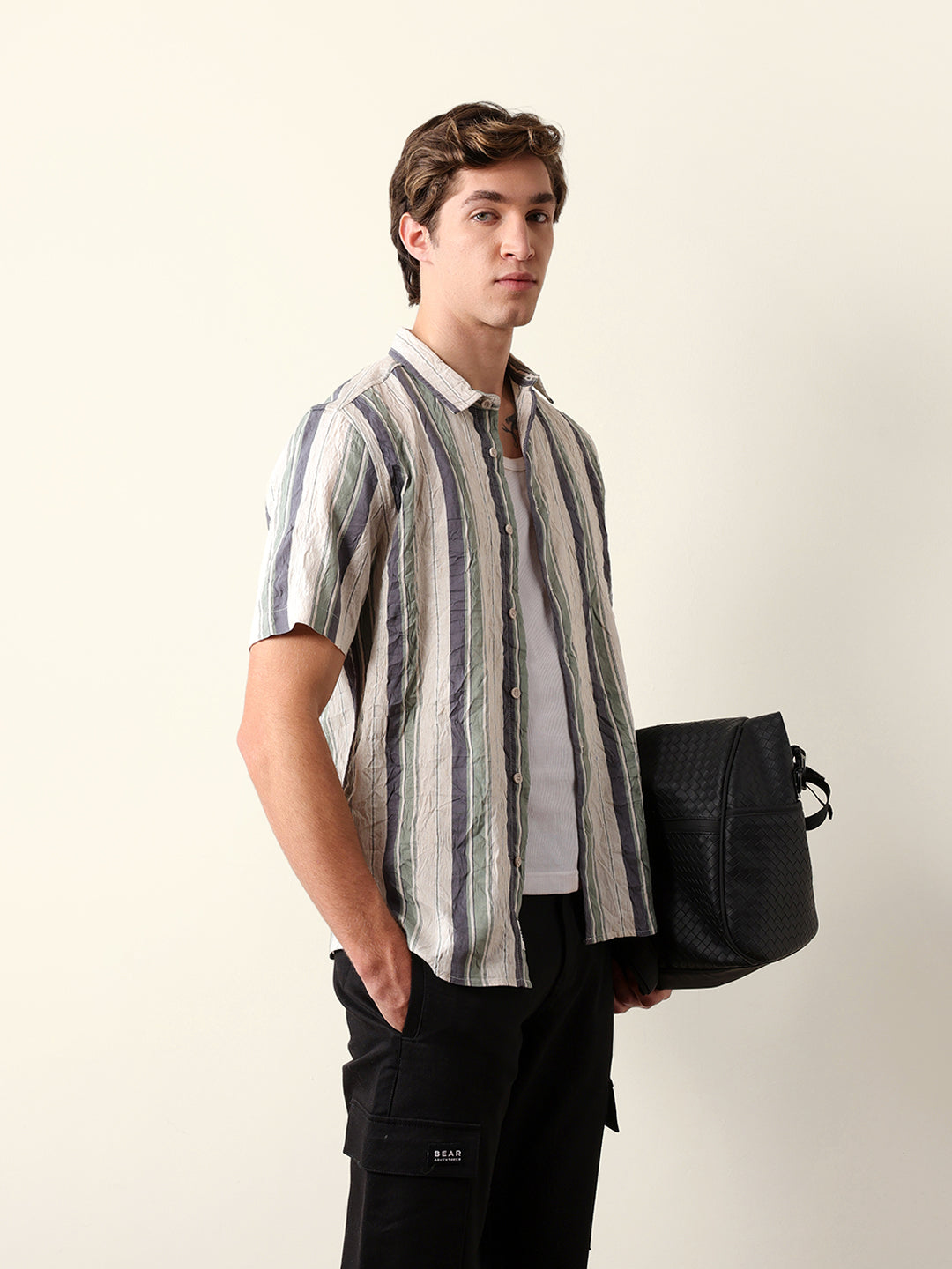 Multicolor Crinkle Vertical Stripe Regular Fit Casual Shirt