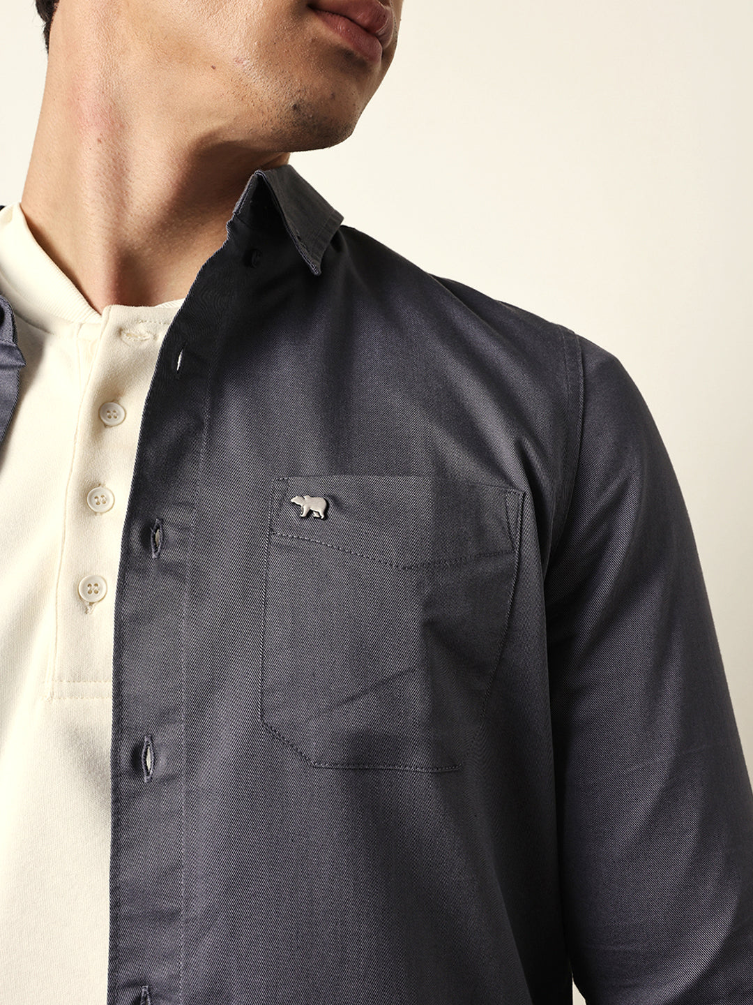 Grey Solid Slim-Fit Casual Shirt with Button-Down Collar