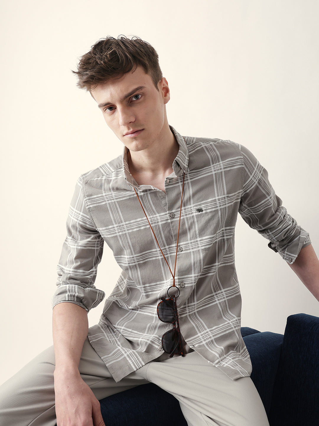 Grey with White Woven Checked Slim Fit Casual Shirt