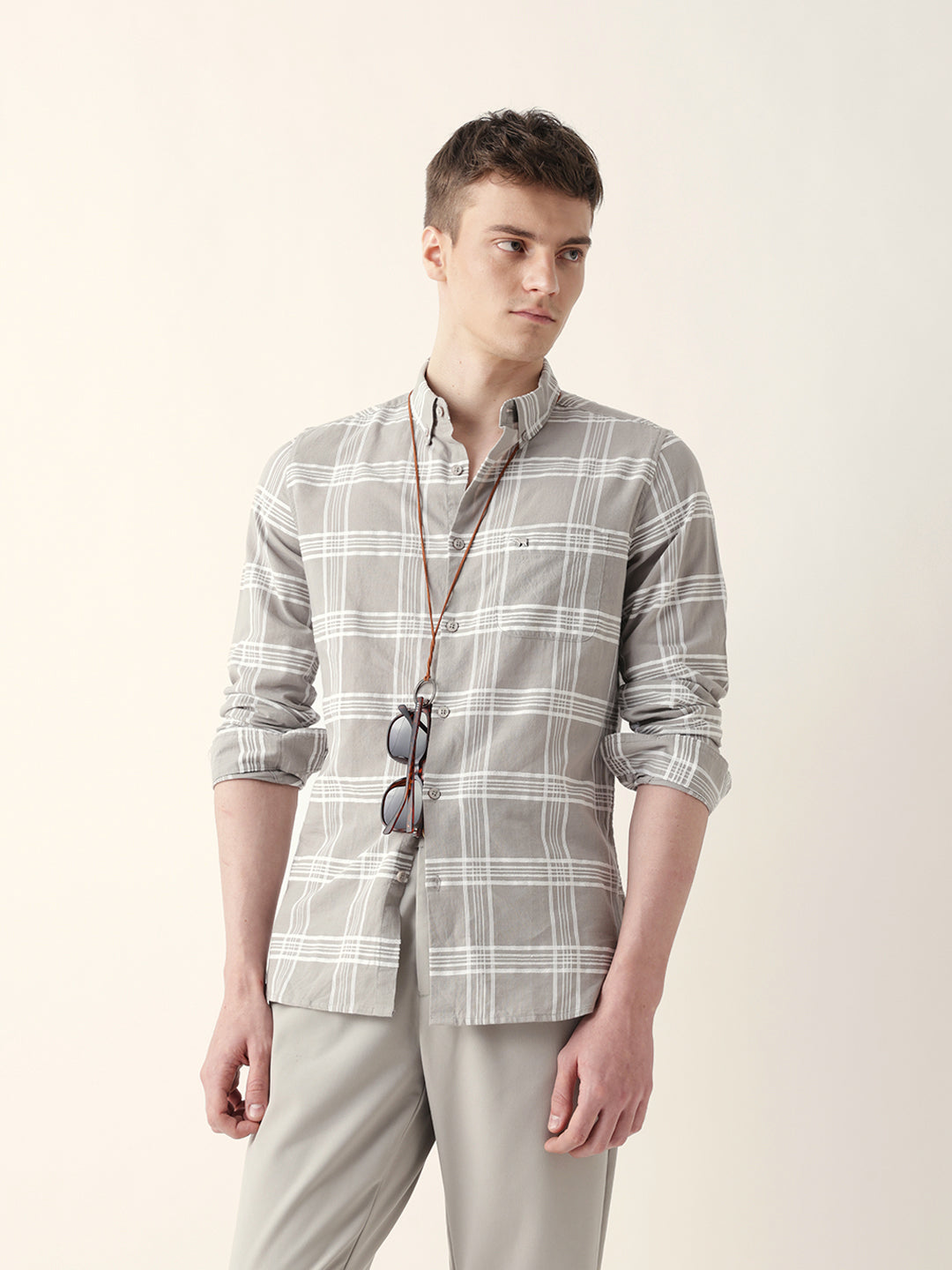 Grey with White Woven Checked Slim Fit Casual Shirt