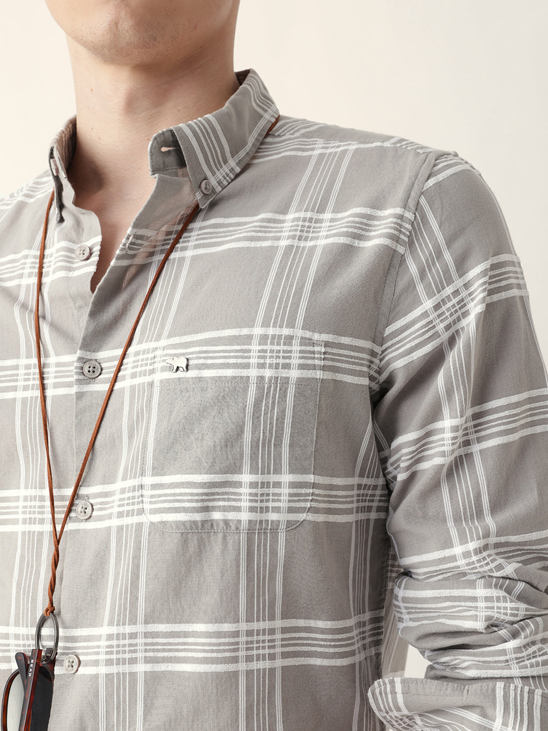 Grey with White Woven Checked Slim Fit Casual Shirt
