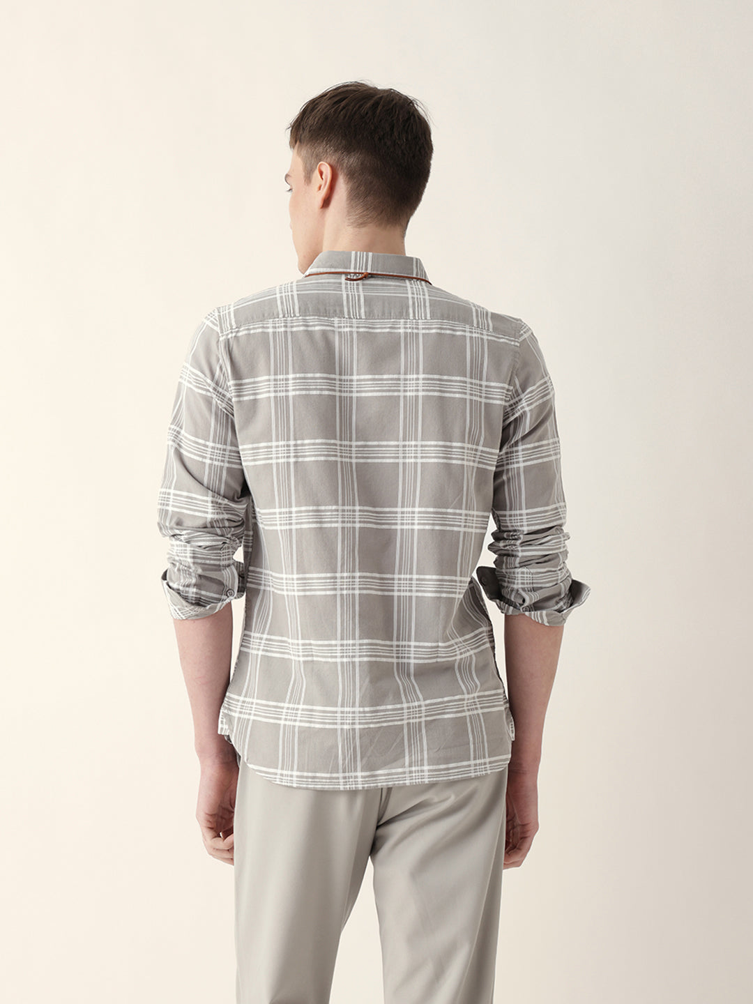 Grey with White Woven Checked Slim Fit Casual Shirt