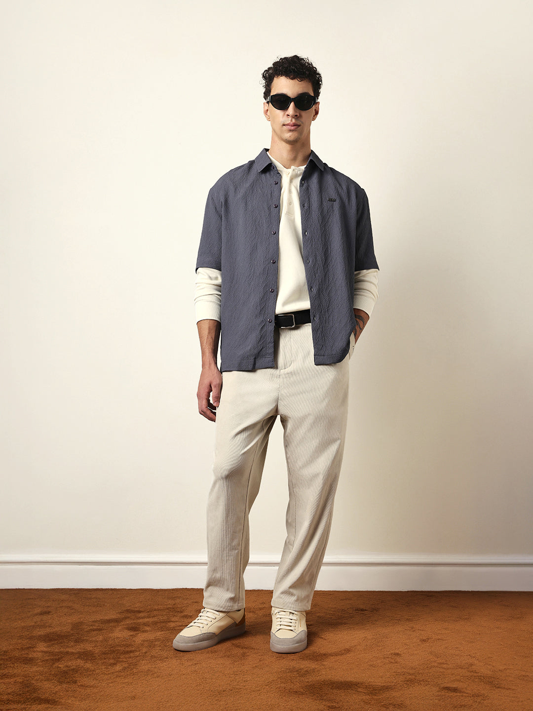Grey All-Over Textured Leaf Motif Oversized Shirt with Half Sleeves