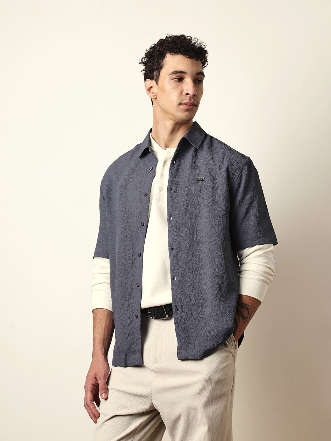 Grey All-Over Textured Leaf Motif Oversized Shirt with Half Sleeves