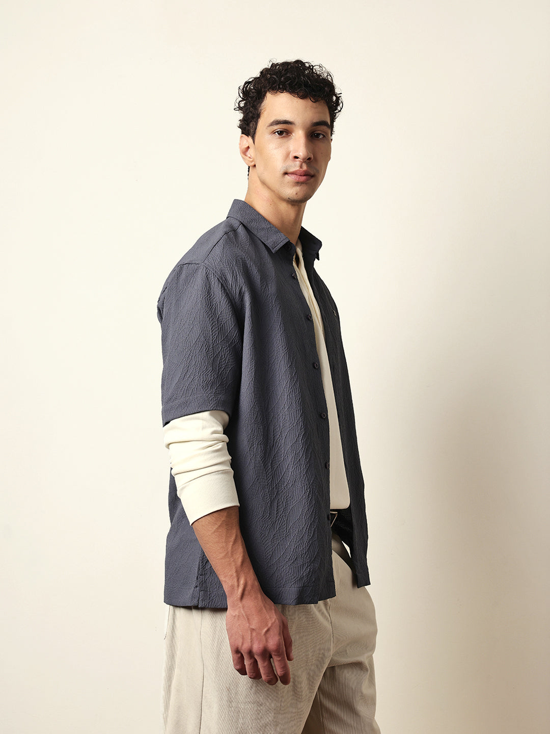Grey All-Over Textured Leaf Motif Oversized Shirt with Half Sleeves
