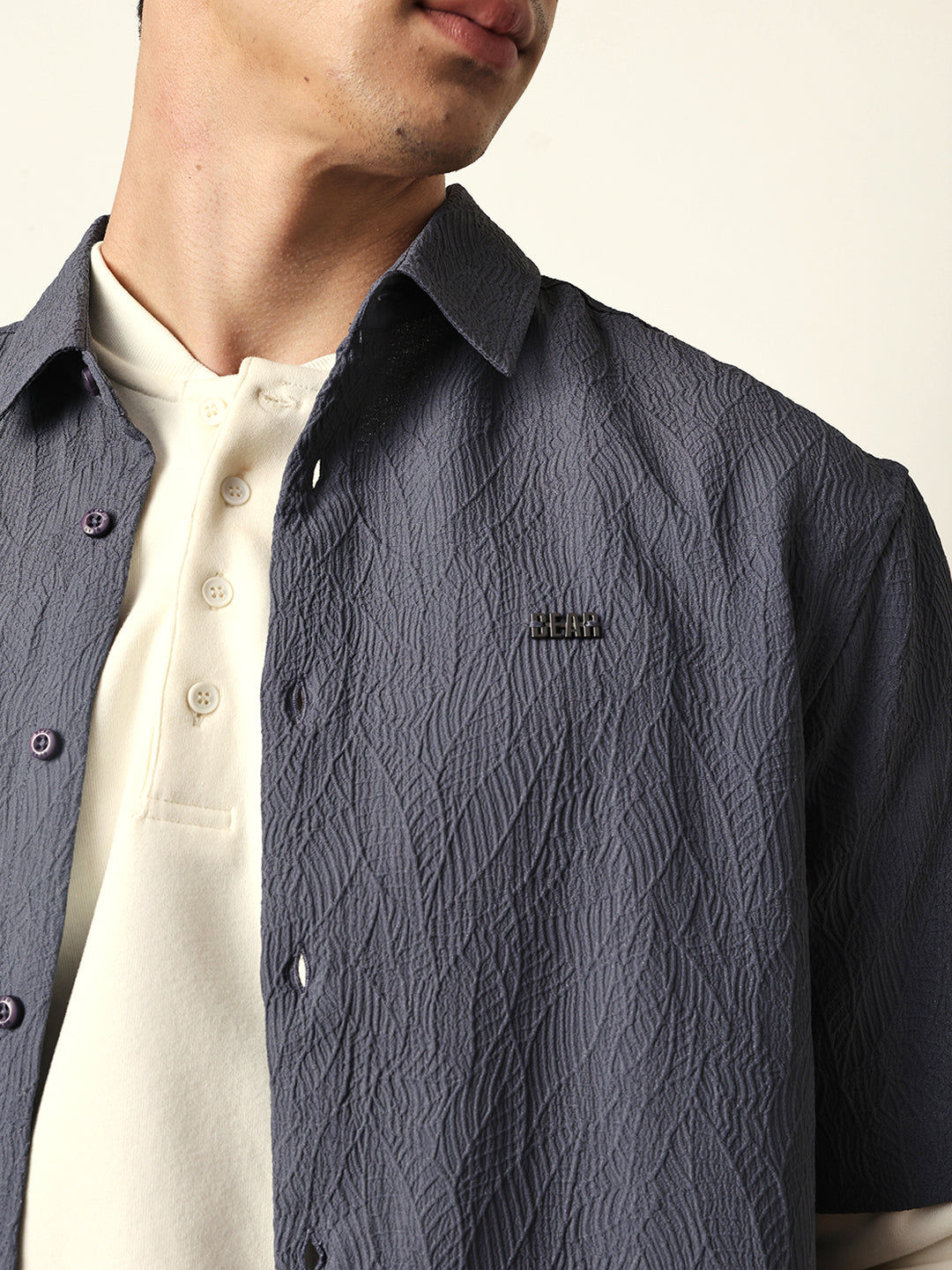 Grey All-Over Textured Leaf Motif Oversized Shirt with Half Sleeves
