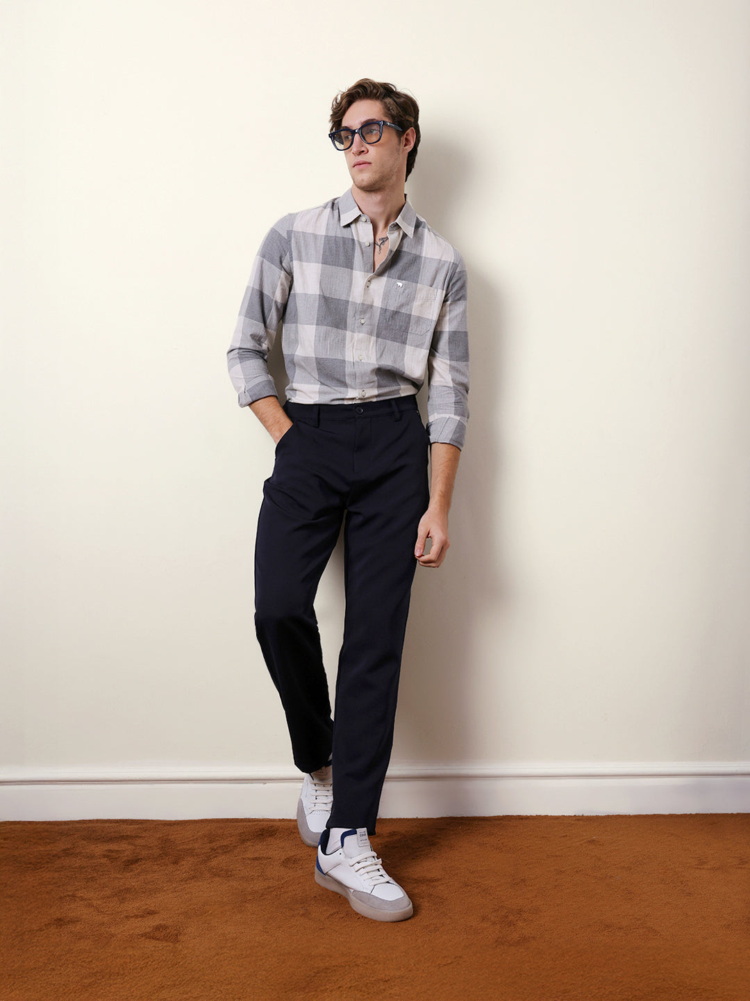 Grey & Cream Slim Fit Block Herringbone Checks Casual Shirt