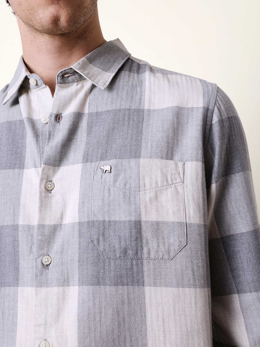 Grey & Cream Slim Fit Block Herringbone Checks Casual Shirt