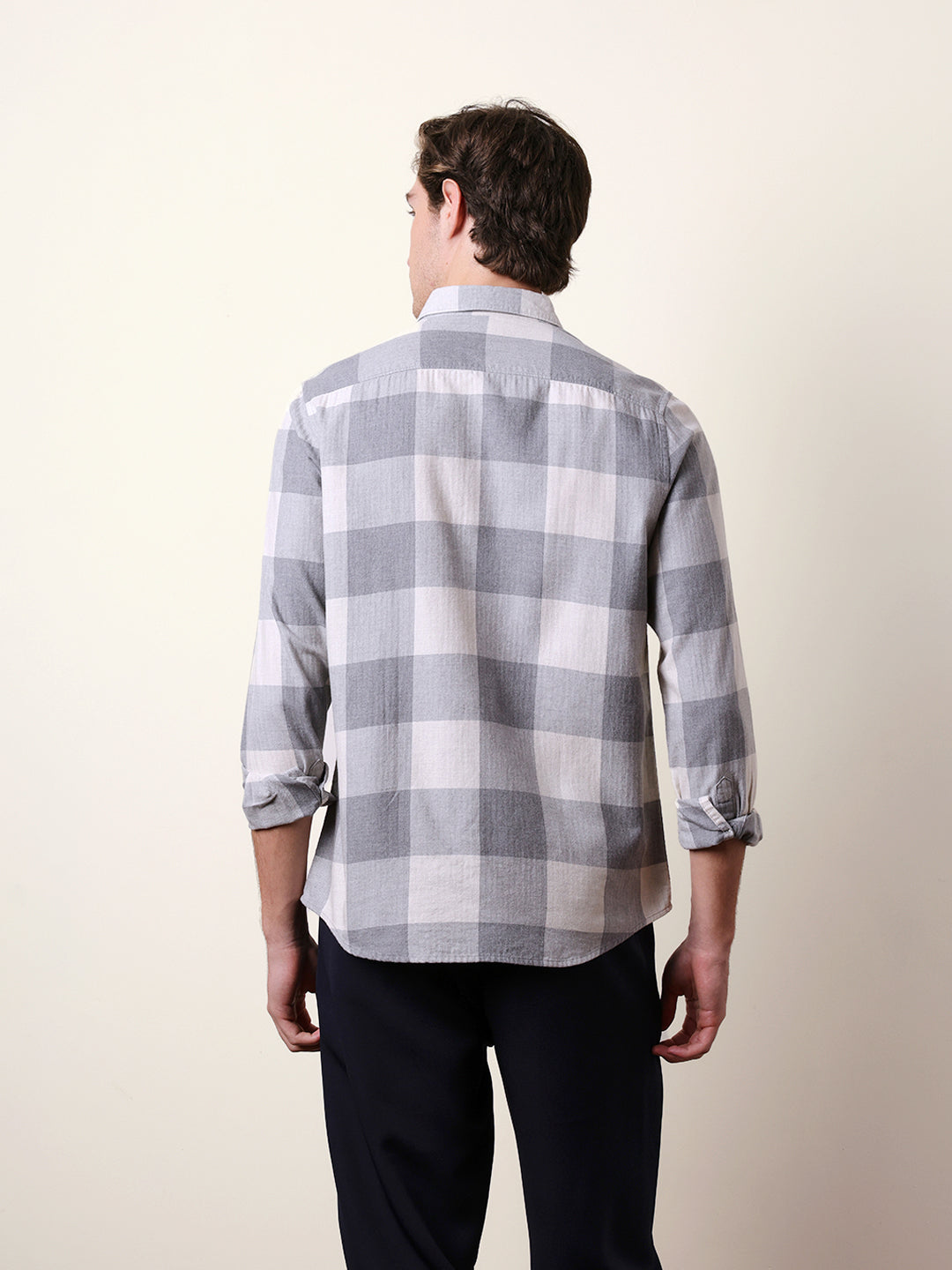 Grey & Cream Slim Fit Block Herringbone Checks Casual Shirt