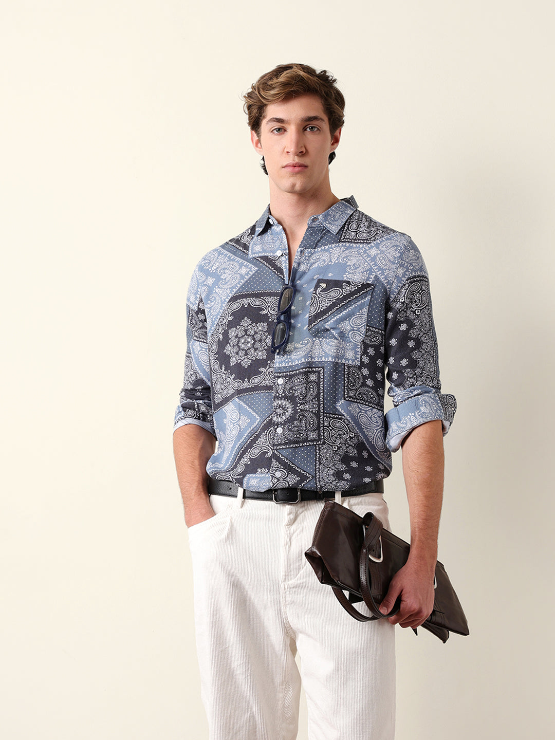 Blue Paisley Patchwork Printed Slim Fit Casual Shirt