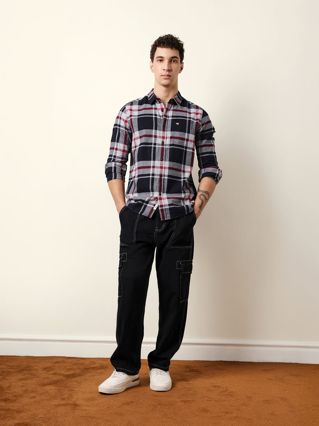 Navy Blue Herringbone Flannel Checked Regular Fit Casual Shirt