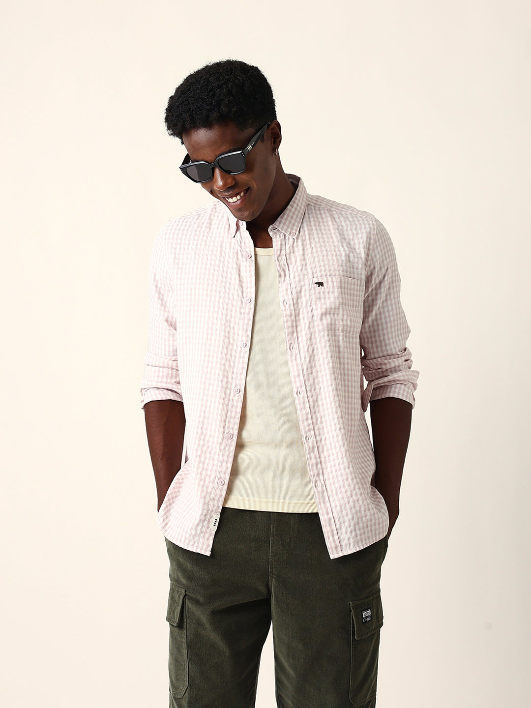Light Pink Woven Micro-Checked Slim Fit Casual Shirt