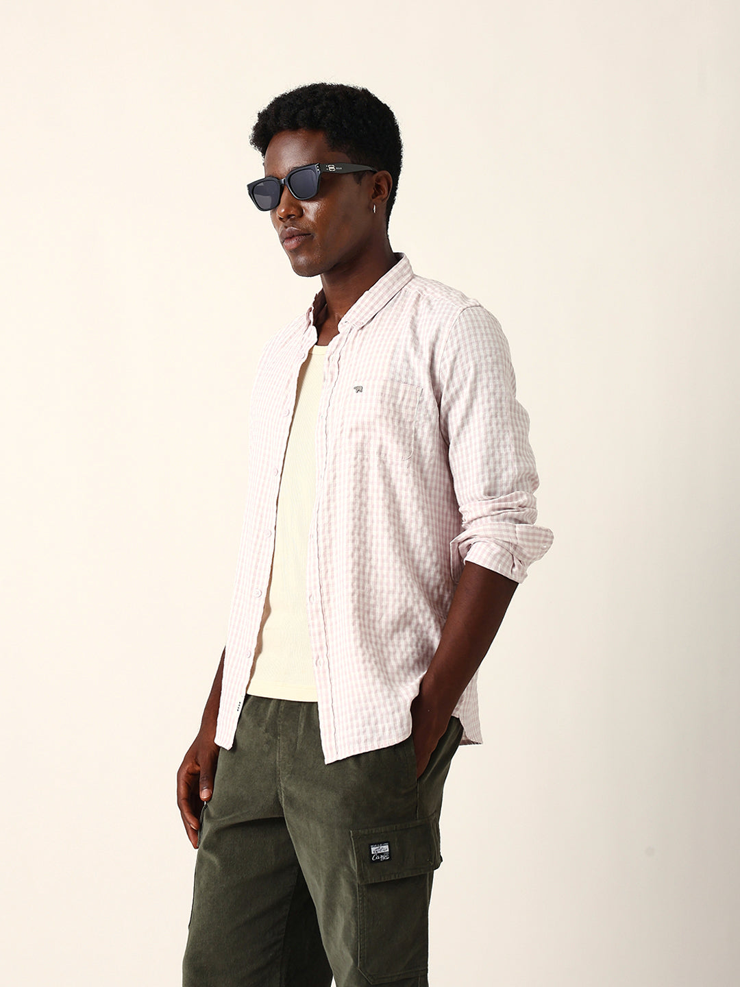 Light Pink Woven Micro-Checked Slim Fit Casual Shirt