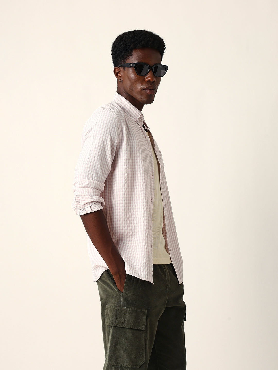 Light Pink Woven Micro-Checked Slim Fit Casual Shirt