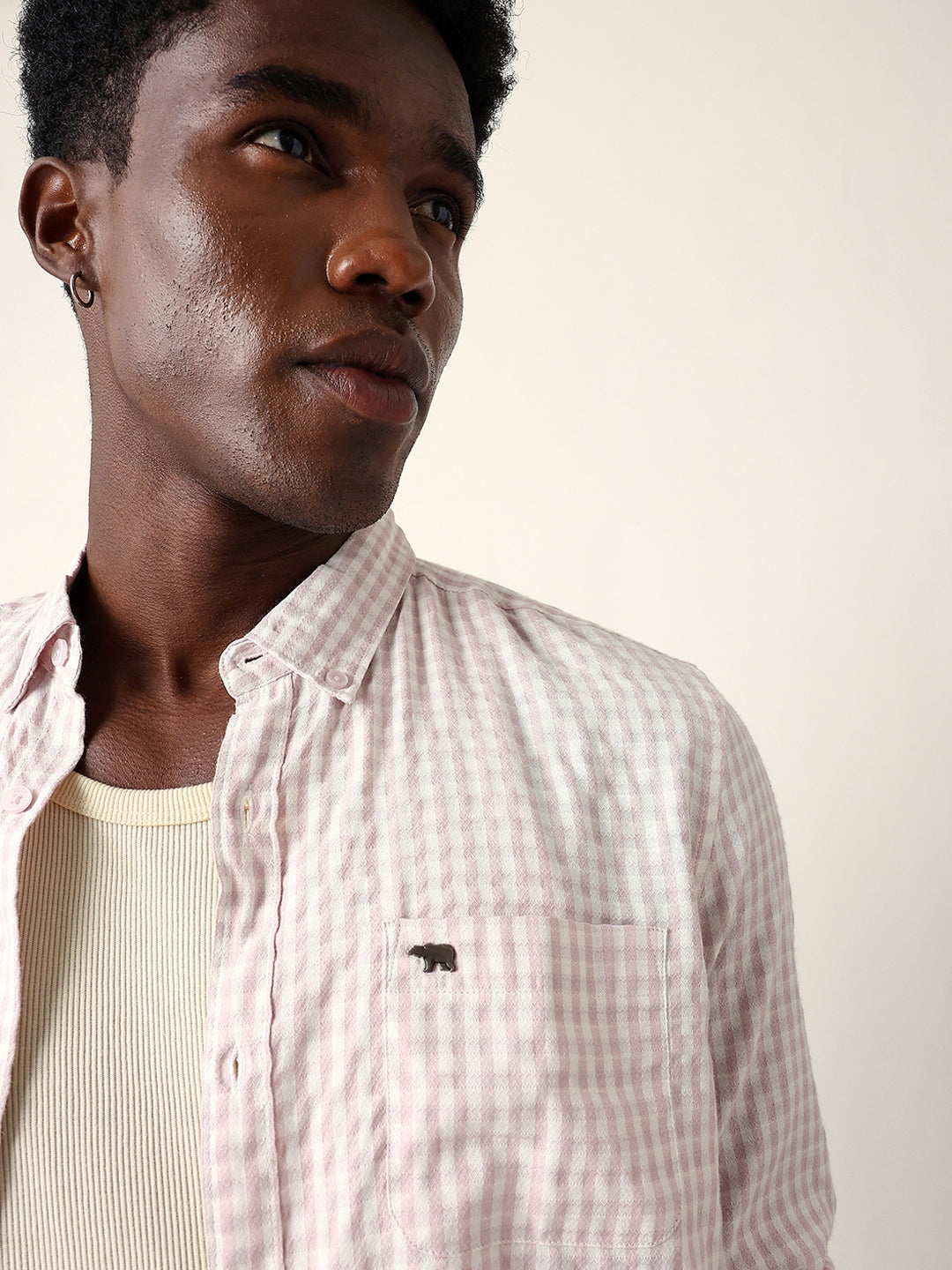 Light Pink Woven Micro-Checked Slim Fit Casual Shirt