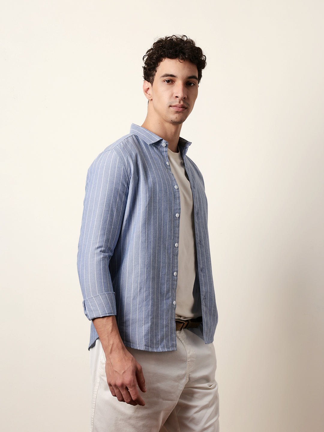 Blue Vertical Woven Stripe Slim Fit Casual Shirt