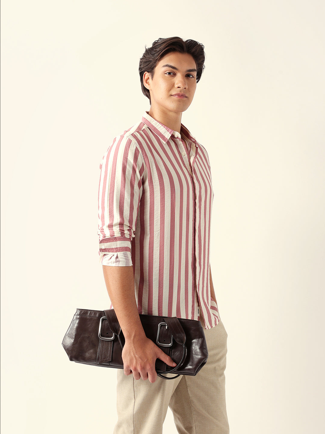 Pink & Cream Vertical Stripe Regular Fit Casual Shirt