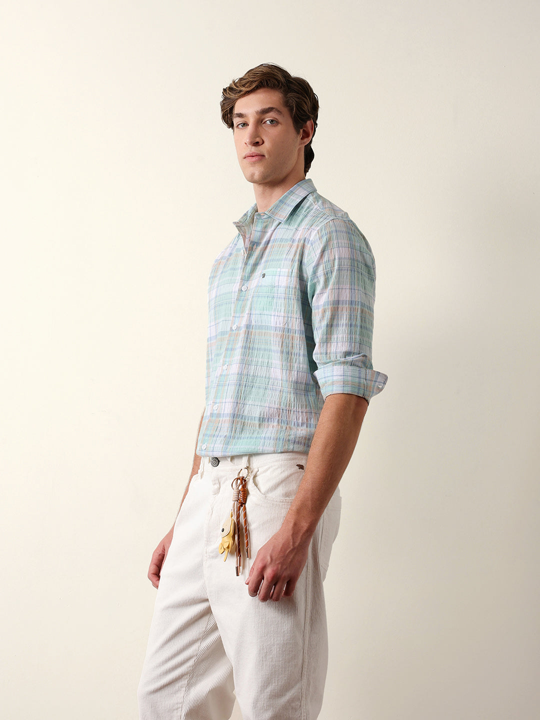 Multicolor Slim Fit Checkered Casual Shirt with Crinkle Texture