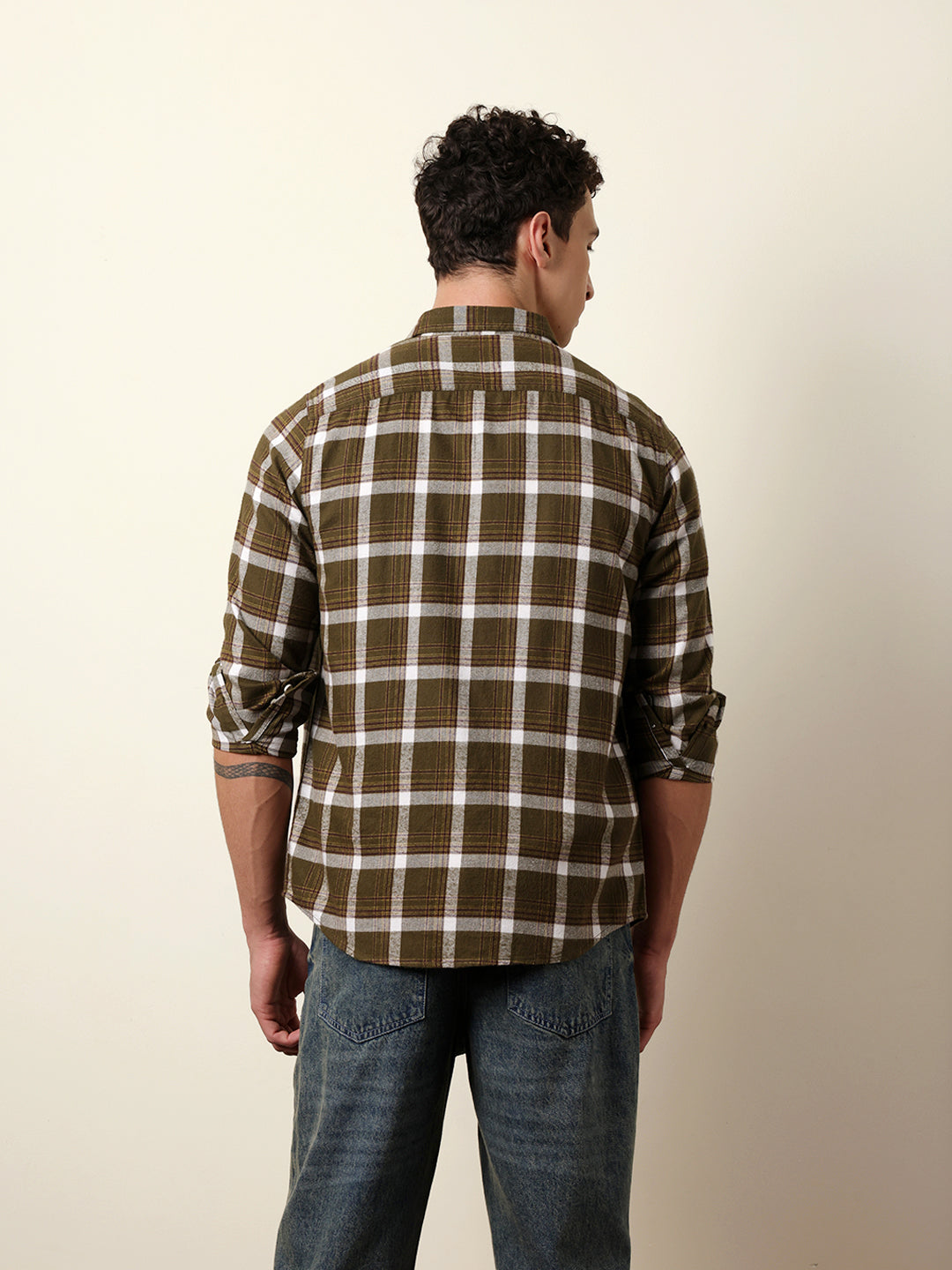 Olive Regular Fit Woven Check Flannel Casual Shirt