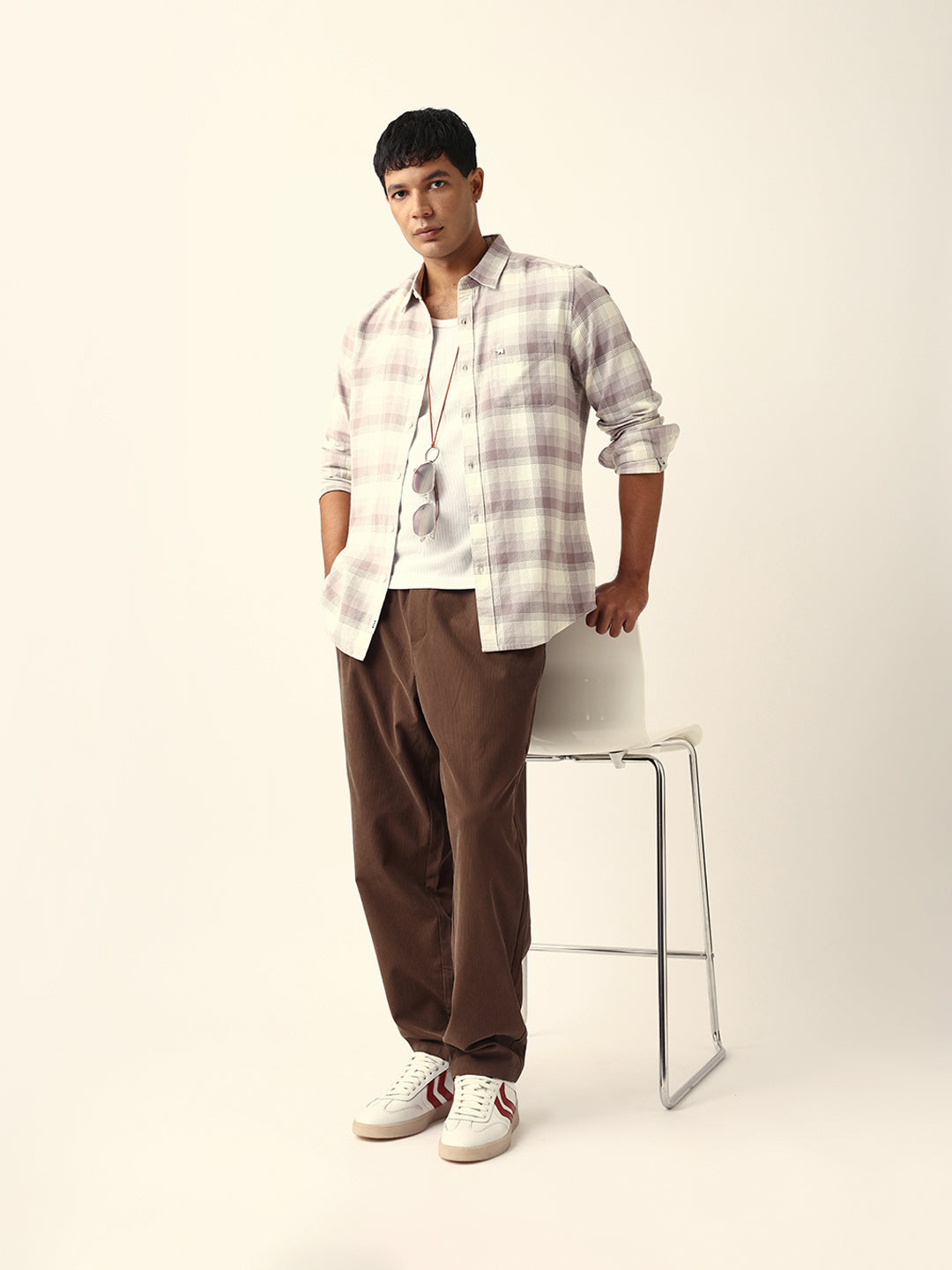 Pink with Cream Woven Checkered Slim Fit Casual Shirt