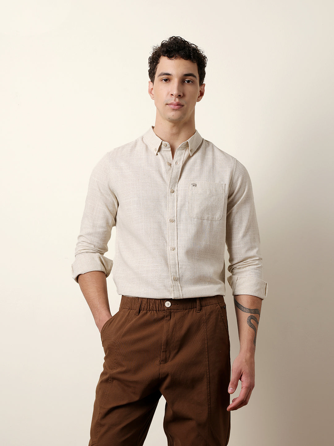 Light Cream Slub-Textured Woven Slim Fit Casual Shirt