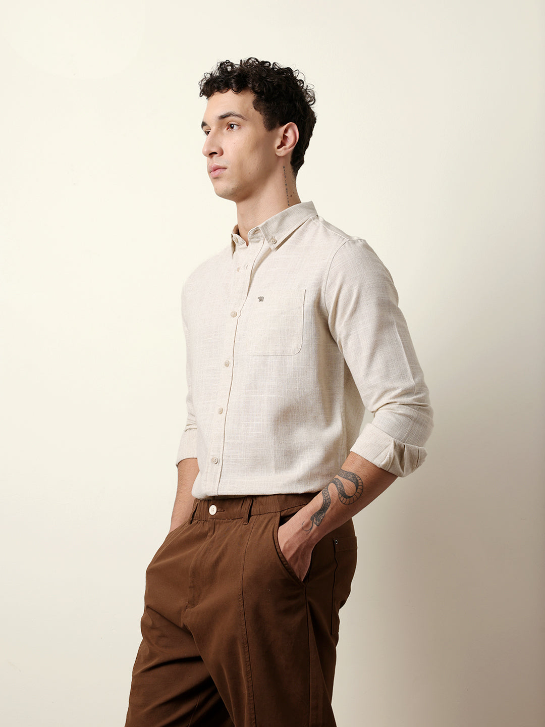Light Cream Slub-Textured Woven Slim Fit Casual Shirt