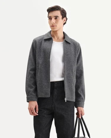 Men’s Grey Textured Zip-Up Casual Jacket