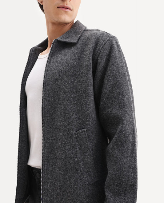Men’s Grey Textured Zip-Up Casual Jacket