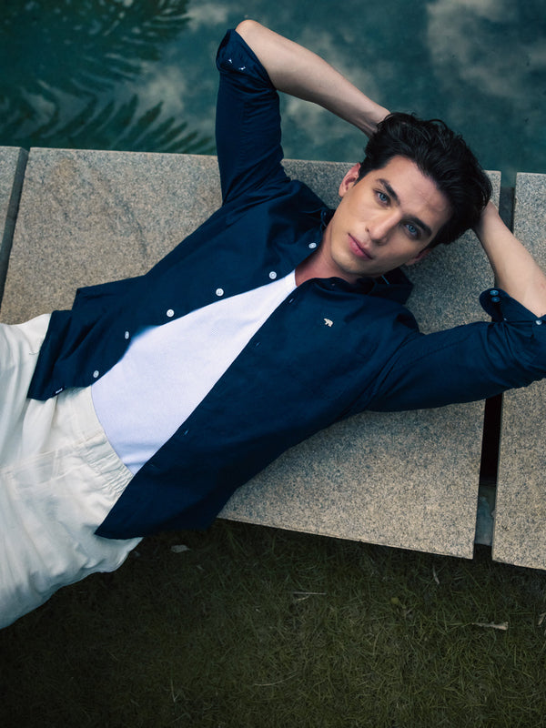 Blue Cotton Linen Slim Fit Solid Casual Shirt