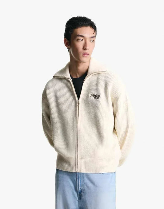 Men's White Embroidered Textured Zip-up Jacket