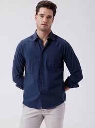 Men's Navy Blue Solid Casual Shirt | Premium Cotton Blend | Regular Fit | Roll-Up Sleeve