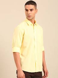 Men's Pastel Yellow Solid Casual Shirt | Premium Cotton Linen Blend | Regular Fit | Full Sleeve