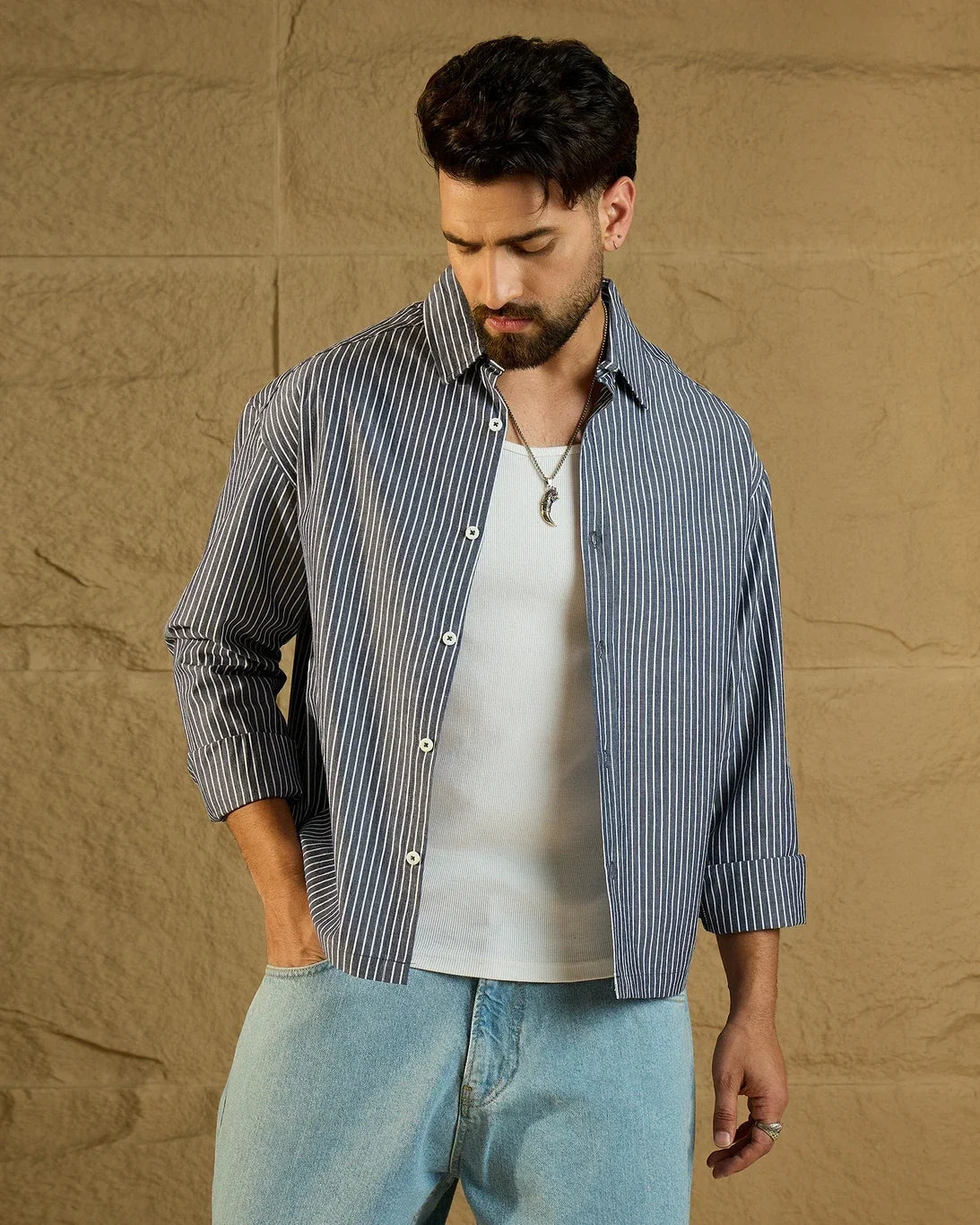Men’s Blue & White Striped Oversized Casual Shirt