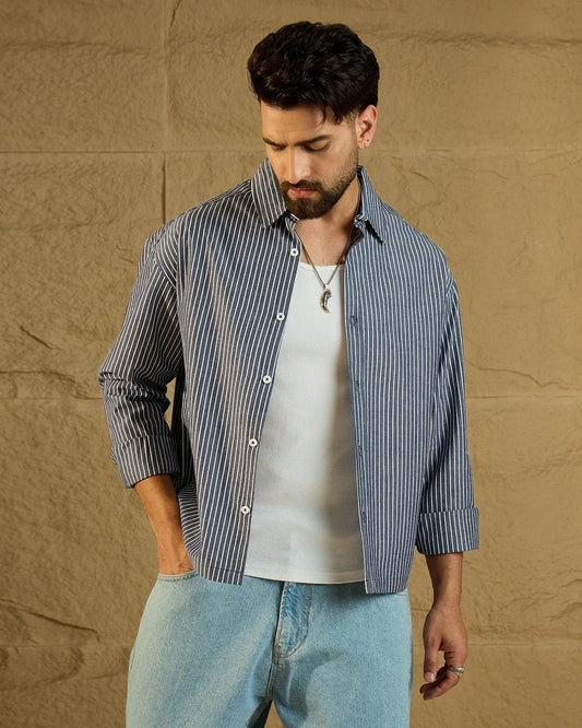 Men’s Blue & White Striped Oversized Casual Shirt