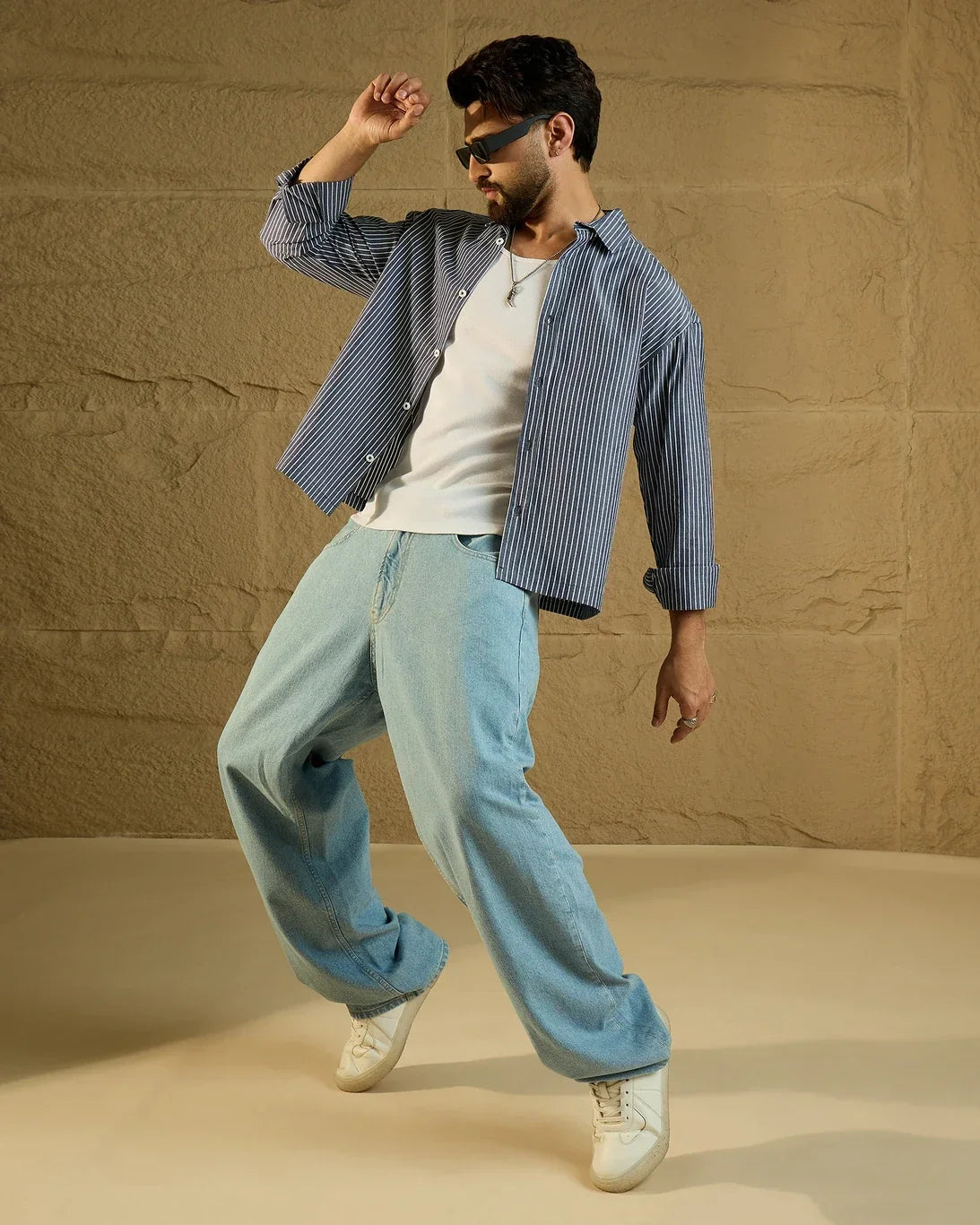 Men’s Blue & White Striped Oversized Casual Shirt