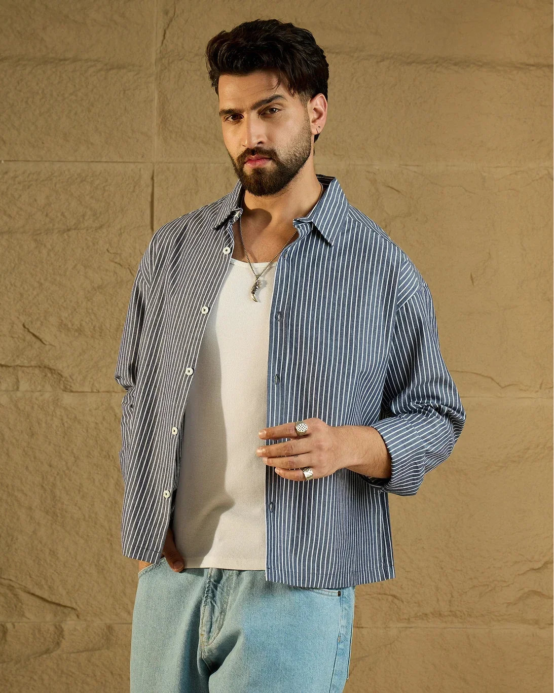 Men’s Blue & White Striped Oversized Casual Shirt